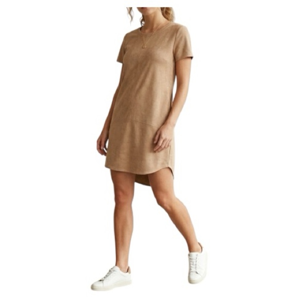 MINKPINK Tan Faux Suede Short Sleeve Shift
Dress High Low Hem Size Large